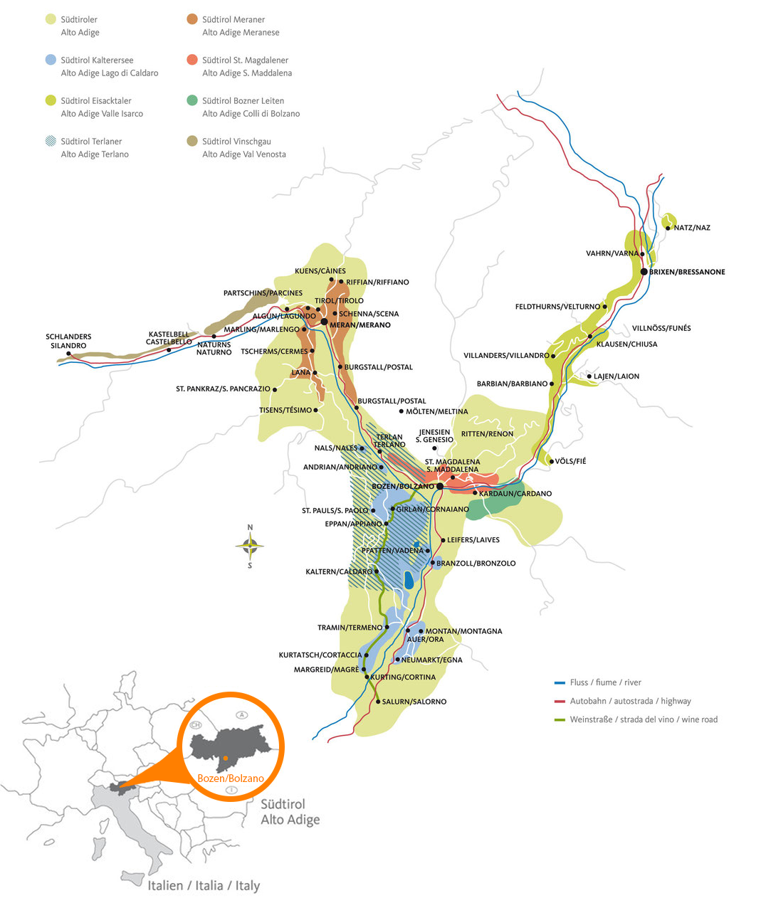 Kaart van wijngebied Südtirol - Italië